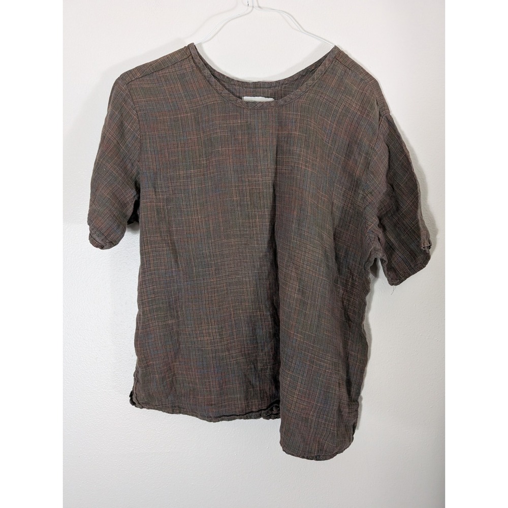 Flax by Jeanne Engelhart Womens Medium Brown Linen Plaid Short Sleeve Top Tunic